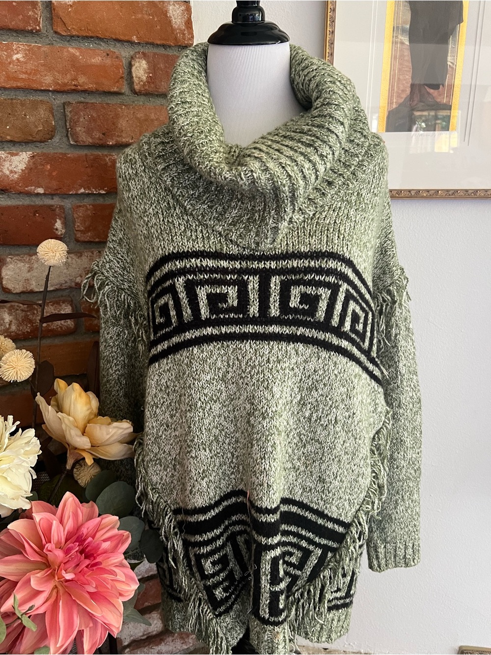 kenzie Olive Green and Black Fringe Cowl Neck Turtleneck Sweater